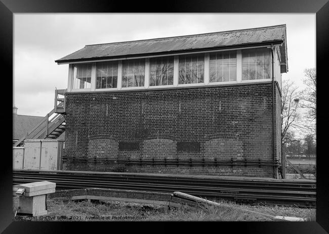 Monochrome old signal box Framed Print by Clive Wells