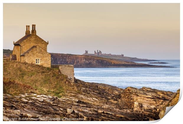 The Bathing House and Dunstanburgh Castle Print by Heidi Stewart