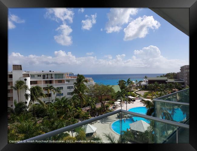 Sint Maarten Philipsburg April 20 2021 view of Sonesta Maho Beach Resort's apartments. Beautiful blue sky and ocean Framed Print by Anish Punchayil Sukumaran