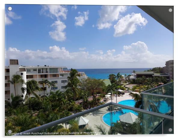 Sint Maarten Philipsburg April 20 2021 view of Sonesta Maho Beach Resort's apartments. Beautiful blue sky and ocean Acrylic by Anish Punchayil Sukumaran