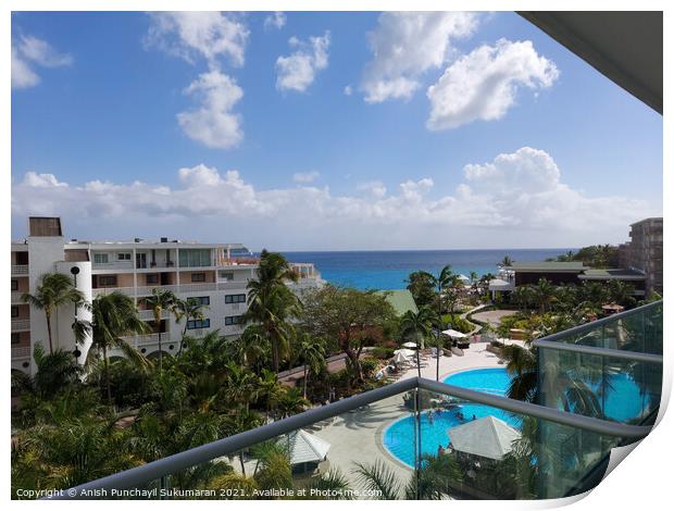 Sint Maarten Philipsburg April 20 2021 view of Sonesta Maho Beach Resort's apartments. Beautiful blue sky and ocean Print by Anish Punchayil Sukumaran