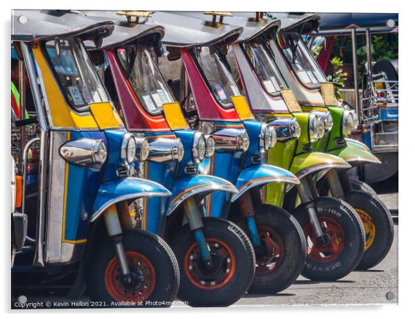 Tuk-tuks lined up in a row, Acrylic by Kevin Hellon