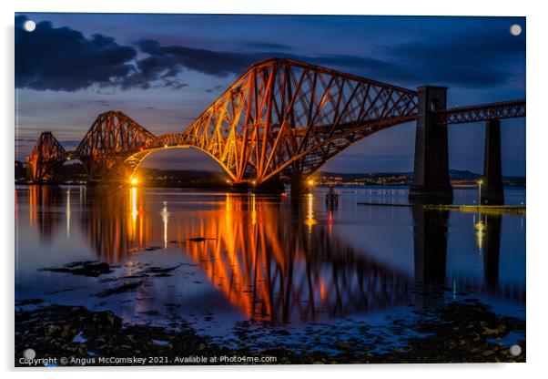Floodlit Forth Rail Bridge at dusk Acrylic by Angus McComiskey