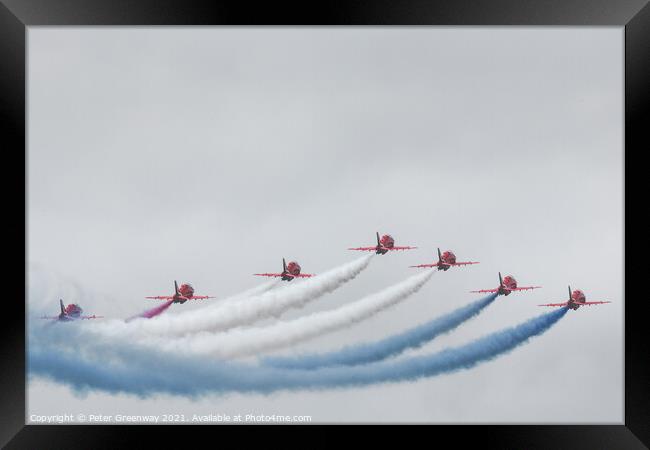 The 'Red Arrows' At Farnborough International Airshow Framed Print by Peter Greenway
