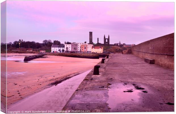 St Andrews Harbour and Cathedral at Dawn Canvas Print by Mark Sunderland