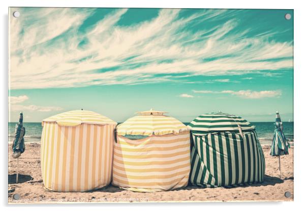 Beach umbrellas in Deauville Normandy France Acrylic by Delphimages Art