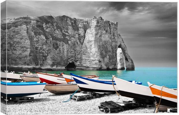 Fishing boats on the beach of Etretat, France Canvas Print by Delphimages Art
