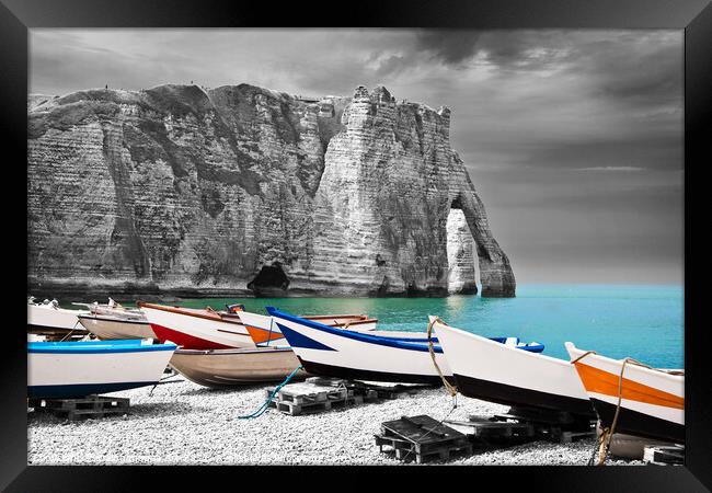 Fishing boats on the beach of Etretat, France Framed Print by Delphimages Art