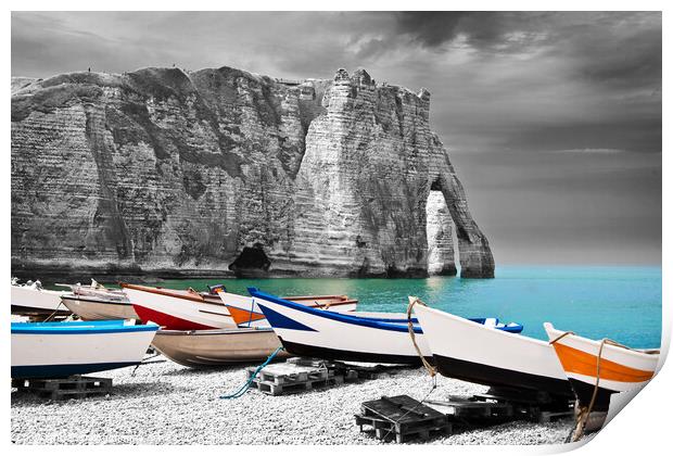 Fishing boats on the beach of Etretat, France Print by Delphimages Art