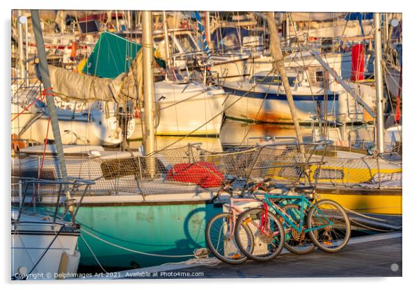 Cycling and sailing. Colourful bicycles and boats Acrylic by Delphimages Art
