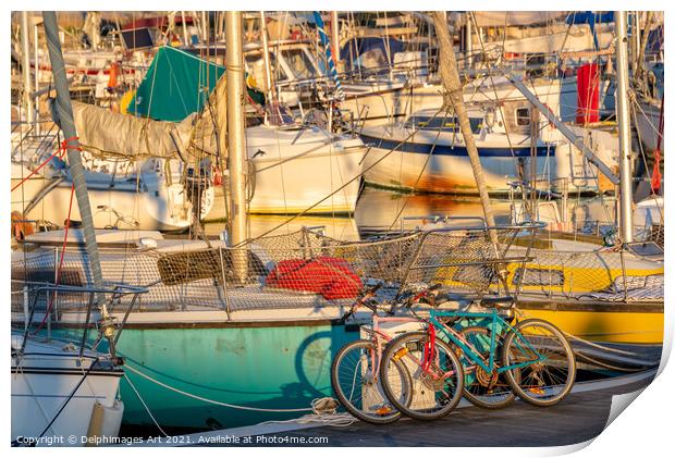 Cycling and sailing. Colourful bicycles and boats Print by Delphimages Art