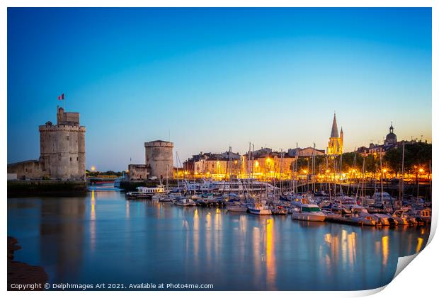 Old port of La rochelle at night, France Print by Delphimages Art