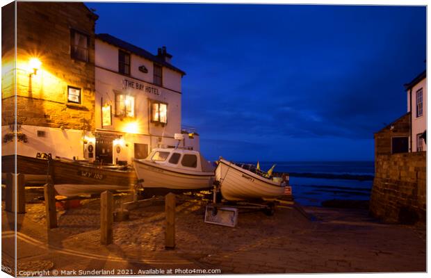 Boats on The Dock at Dusk in Robin Hoods Bay Canvas Print by Mark Sunderland