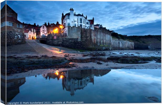 Early Morning Reflections at Robin Hoods Bay Canvas Print by Mark Sunderland
