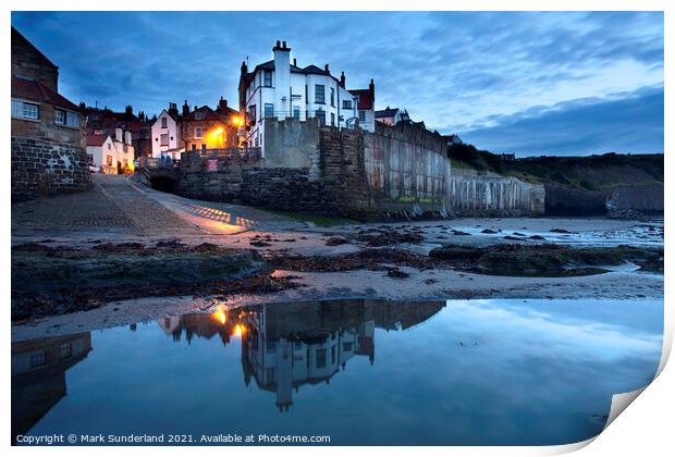 Early Morning Reflections at Robin Hoods Bay Print by Mark Sunderland