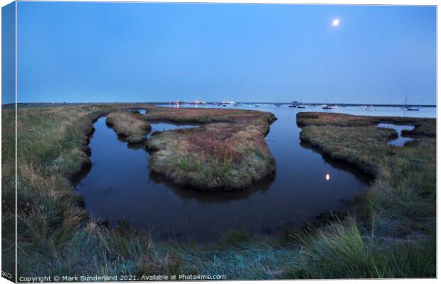 Moonrise over Slaughden Quay from Aldeburgh Marshes Canvas Print by Mark Sunderland