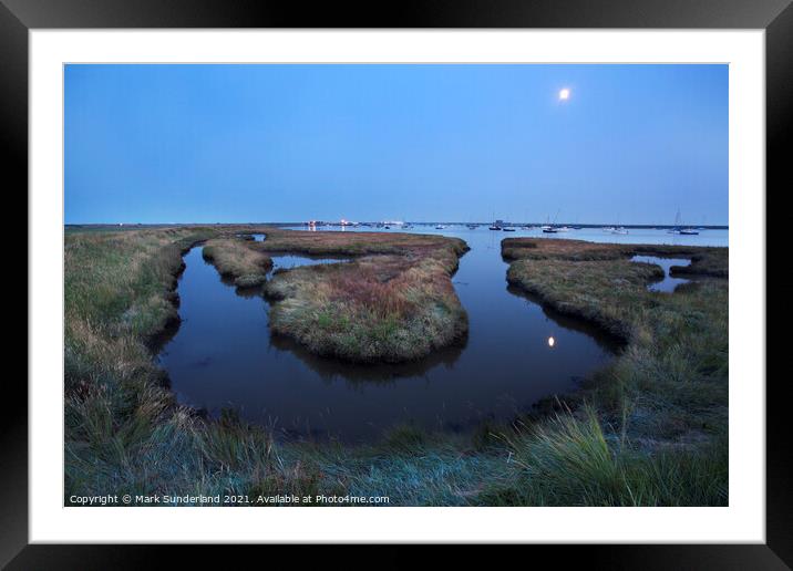 Moonrise over Slaughden Quay from Aldeburgh Marshes Framed Mounted Print by Mark Sunderland