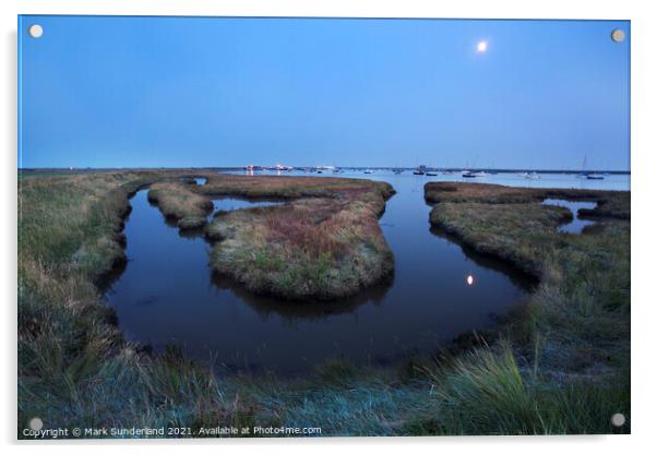 Moonrise over Slaughden Quay from Aldeburgh Marshes Acrylic by Mark Sunderland