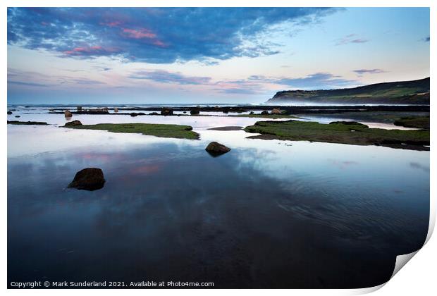Twilight and Incoming Tide at Robin Hoods Bay Print by Mark Sunderland