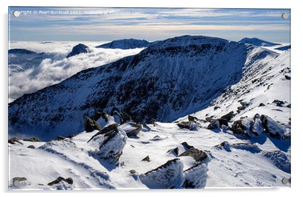 Snow on Pen Yr Ole Wen in Snowdonia Wales Acrylic by Pearl Bucknall