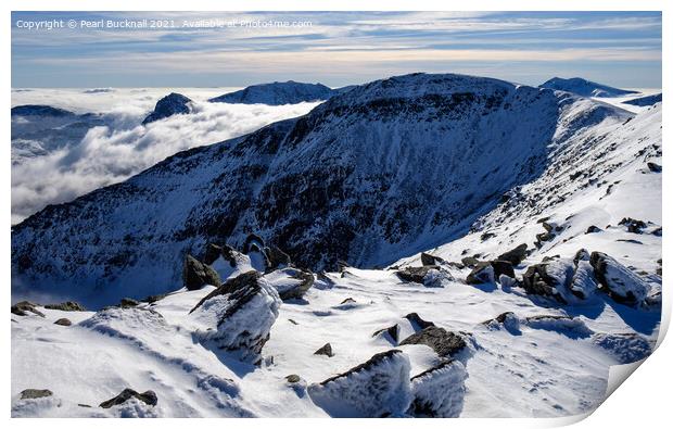 Snow on Pen Yr Ole Wen in Snowdonia Wales Print by Pearl Bucknall