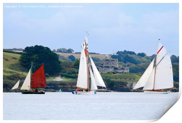 Sails at St Mawes Print by Terri Waters
