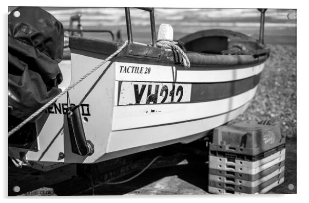 Close up of a fishing boat on Cromer beach in black and white Acrylic by Chris Yaxley