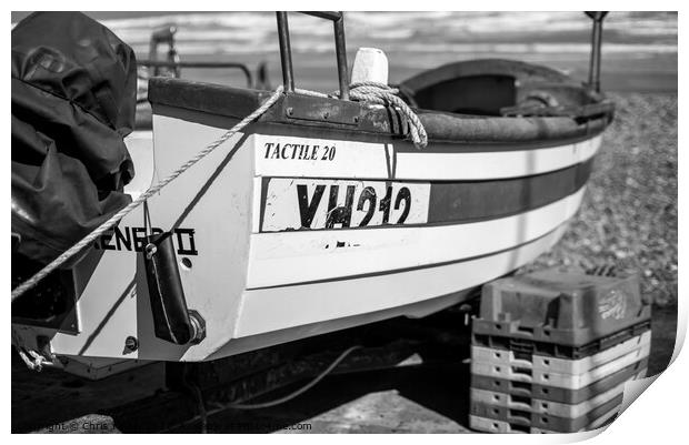 Close up of a fishing boat on Cromer beach in black and white Print by Chris Yaxley