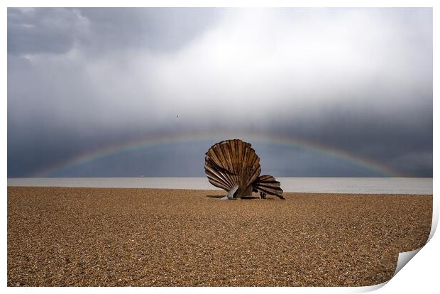 A rainbow over The Scallop on Aldeburgh beach  Print by Gary Pearson