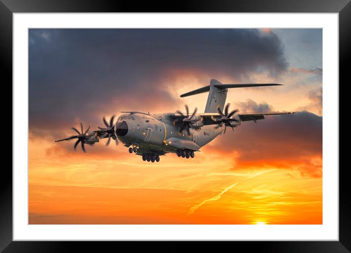 RAF A400 Atlas Sunset Approach Framed Mounted Print by Derek Beattie