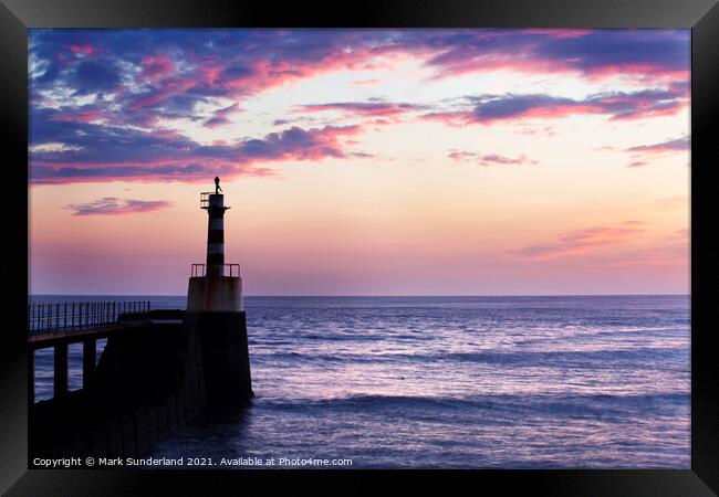 Amble Harbour Light at Sunrise Framed Print by Mark Sunderland