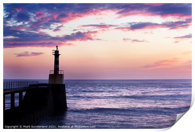 Amble Harbour Light at Sunrise Print by Mark Sunderland