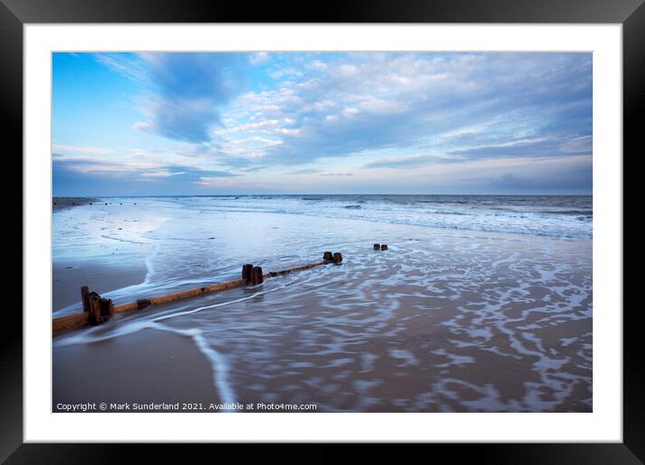Groynes and Receding Tide on Alnmouth Beach at Dusk Framed Mounted Print by Mark Sunderland