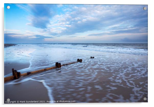 Groynes and Receding Tide on Alnmouth Beach at Dusk Acrylic by Mark Sunderland