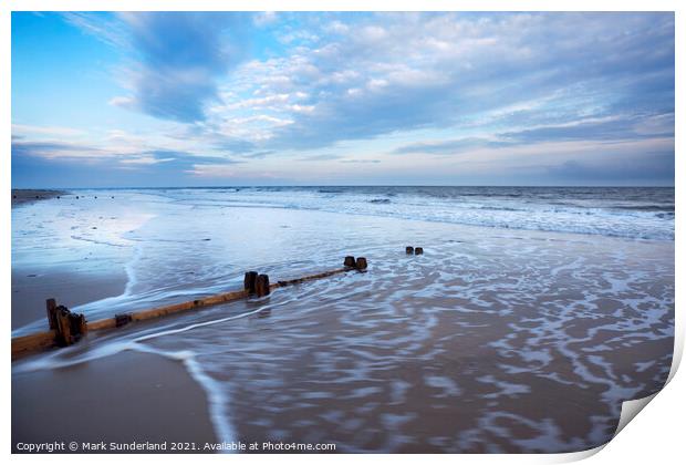 Groynes and Receding Tide on Alnmouth Beach at Dusk Print by Mark Sunderland