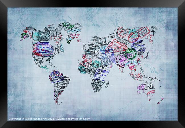 World map with passport stamps, travel abstract Framed Print by Delphimages Art