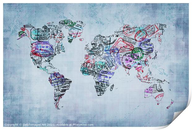 World map with passport stamps, travel abstract Print by Delphimages Art