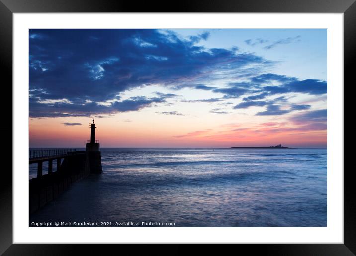 Amble Harbour Light and Coquet Island at Dawn Framed Mounted Print by Mark Sunderland