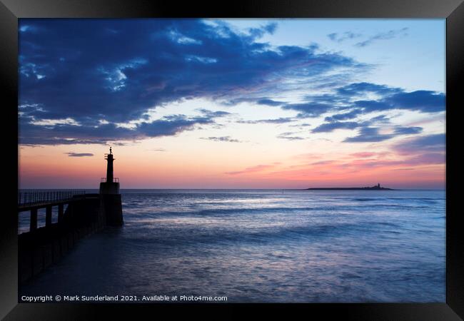 Amble Harbour Light and Coquet Island at Dawn Framed Print by Mark Sunderland