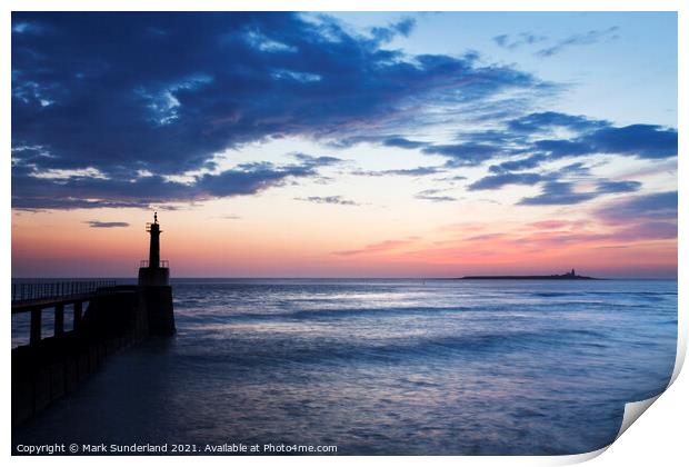 Amble Harbour Light and Coquet Island at Dawn Print by Mark Sunderland
