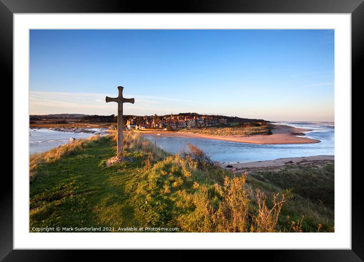 St Cuthberts Cross on Church Hill and Alnmouth at Sunset Framed Mounted Print by Mark Sunderland
