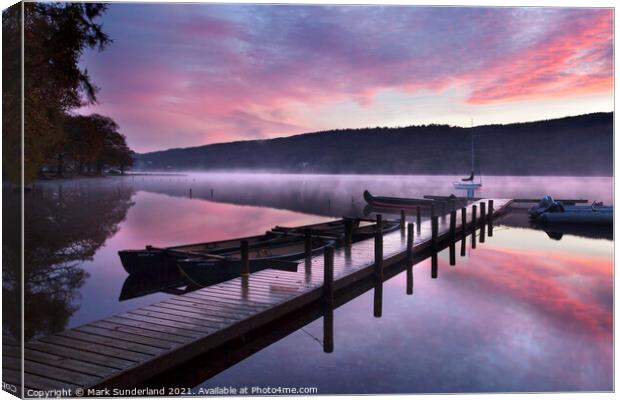 Jetty and Boats at Dawn Coniston Water Canvas Print by Mark Sunderland
