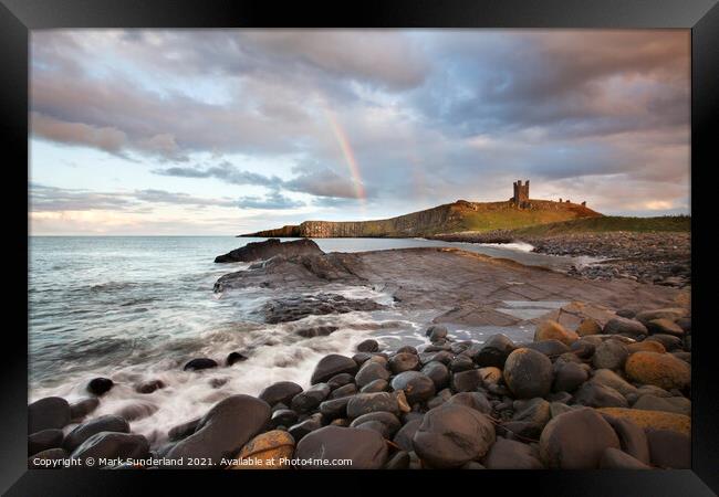 Rainbow at Dunstanburgh Castle Framed Print by Mark Sunderland