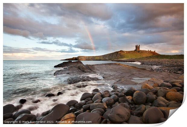 Rainbow at Dunstanburgh Castle Print by Mark Sunderland