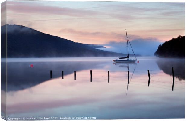 Yacht Moored on Coniston Water at Dawn Canvas Print by Mark Sunderland