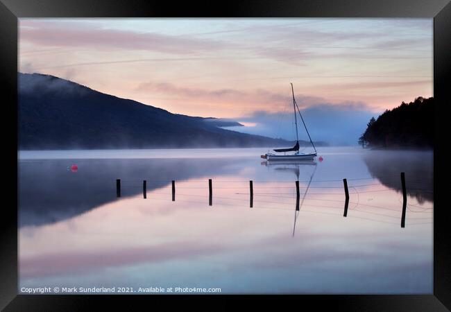 Yacht Moored on Coniston Water at Dawn Framed Print by Mark Sunderland
