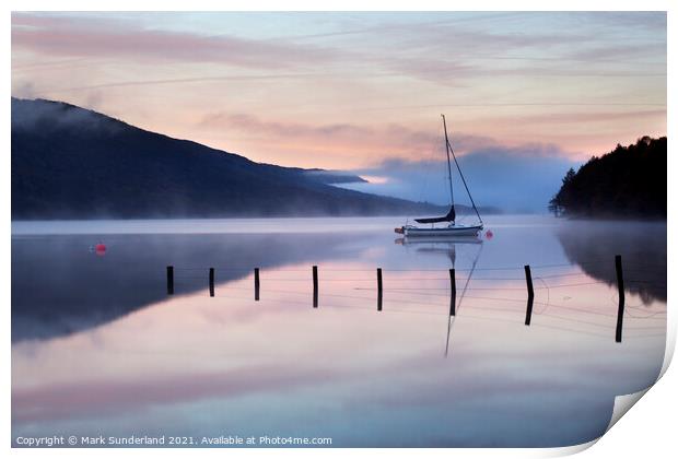 Yacht Moored on Coniston Water at Dawn Print by Mark Sunderland