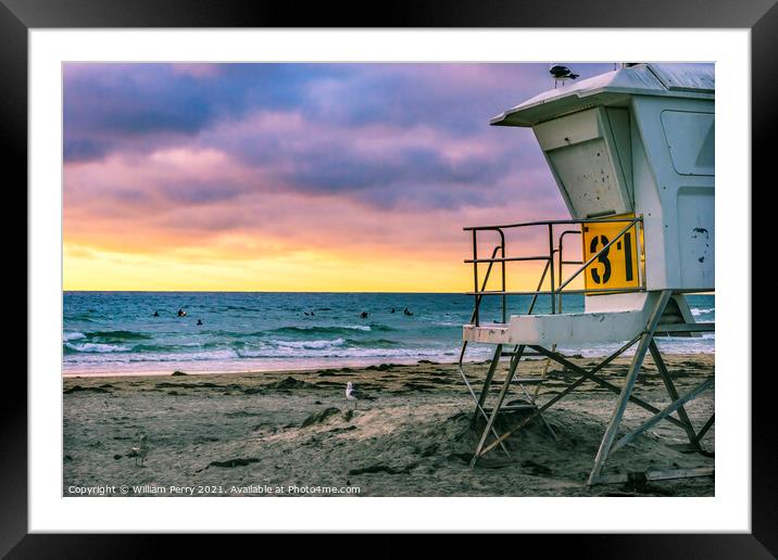 Lifeguard Station Surfers La Jolla Shores Beach San Diego Califo Framed Mounted Print by William Perry