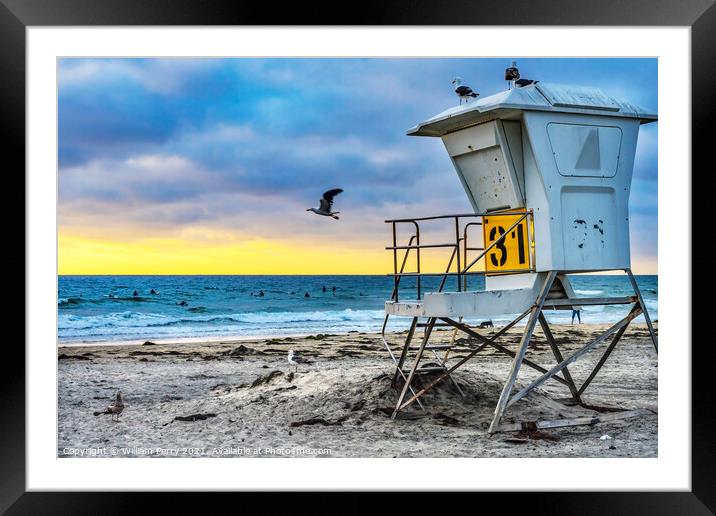 Lifeguard Station Surfers La Jolla Shores Beach San Diego Califo Framed Mounted Print by William Perry