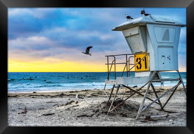 Lifeguard Station Surfers La Jolla Shores Beach San Diego Califo Framed Print by William Perry